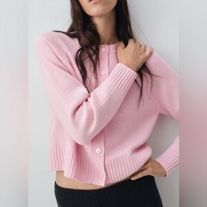 🥭🌸👛🩰Mango Women's Pink Crewneck Button Cardigan Sweater
